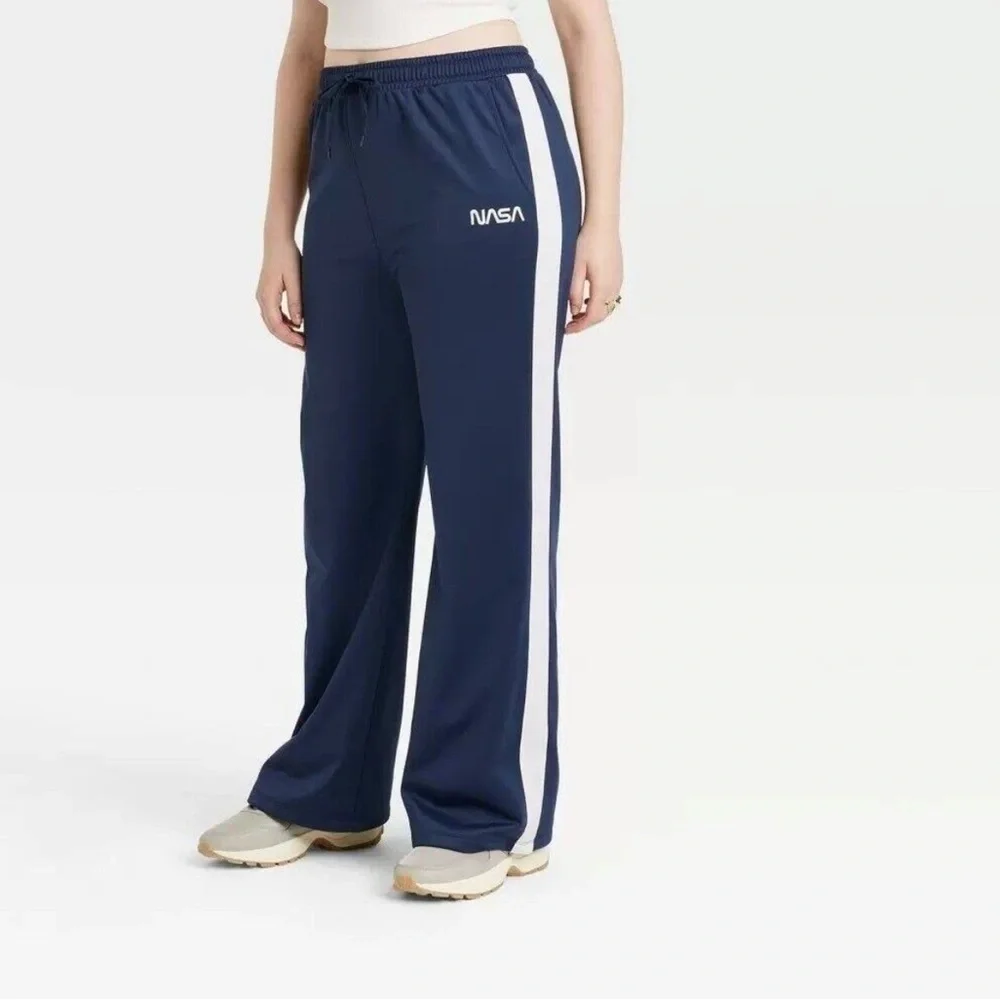 Mighty Fine Women's NASA Graphic Wide Leg Track Pants - Blue